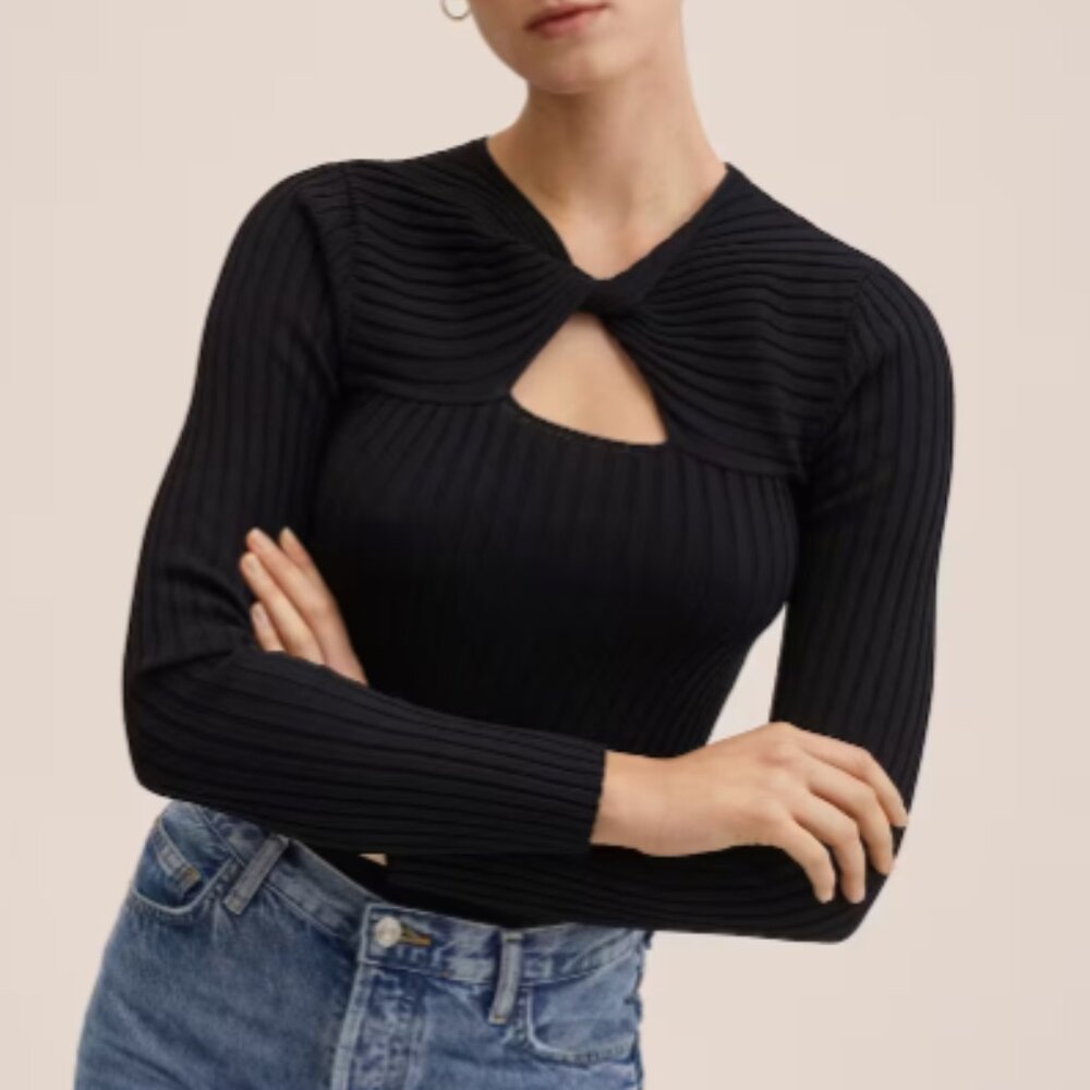 Mango Ribbed Sweater with Knot
